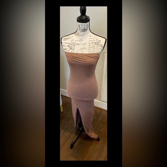 Women’s Brown Stretchy Strapless Bodycon Tube  Full Length Dress W/Slit Size S - Picture 5 of 11